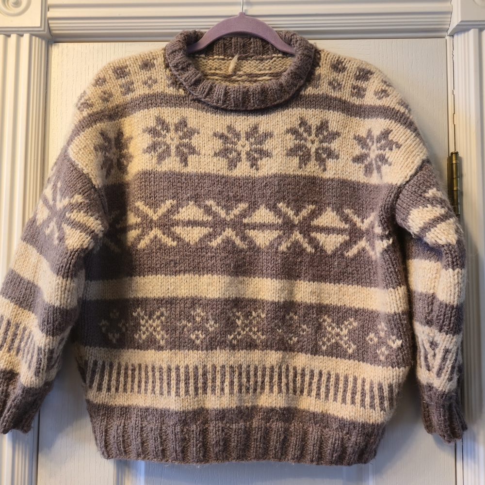 Women's Patterned Crew Neck Sweater - Brown and Cream